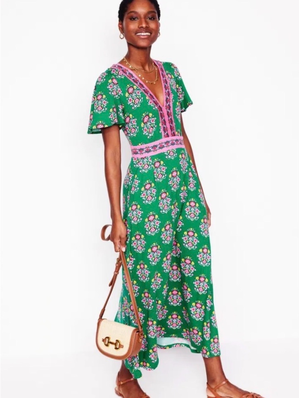 Boden Ellie Flutter Sleeve Maxi Tea Dress Green Pink Floral V-Neck